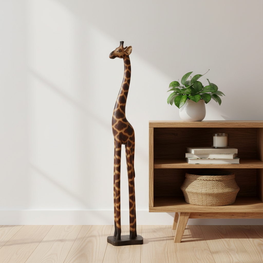  figurine standing beside a low coastal timber sideboard styled with a potted plant, woven basket, candle and books against a white wall