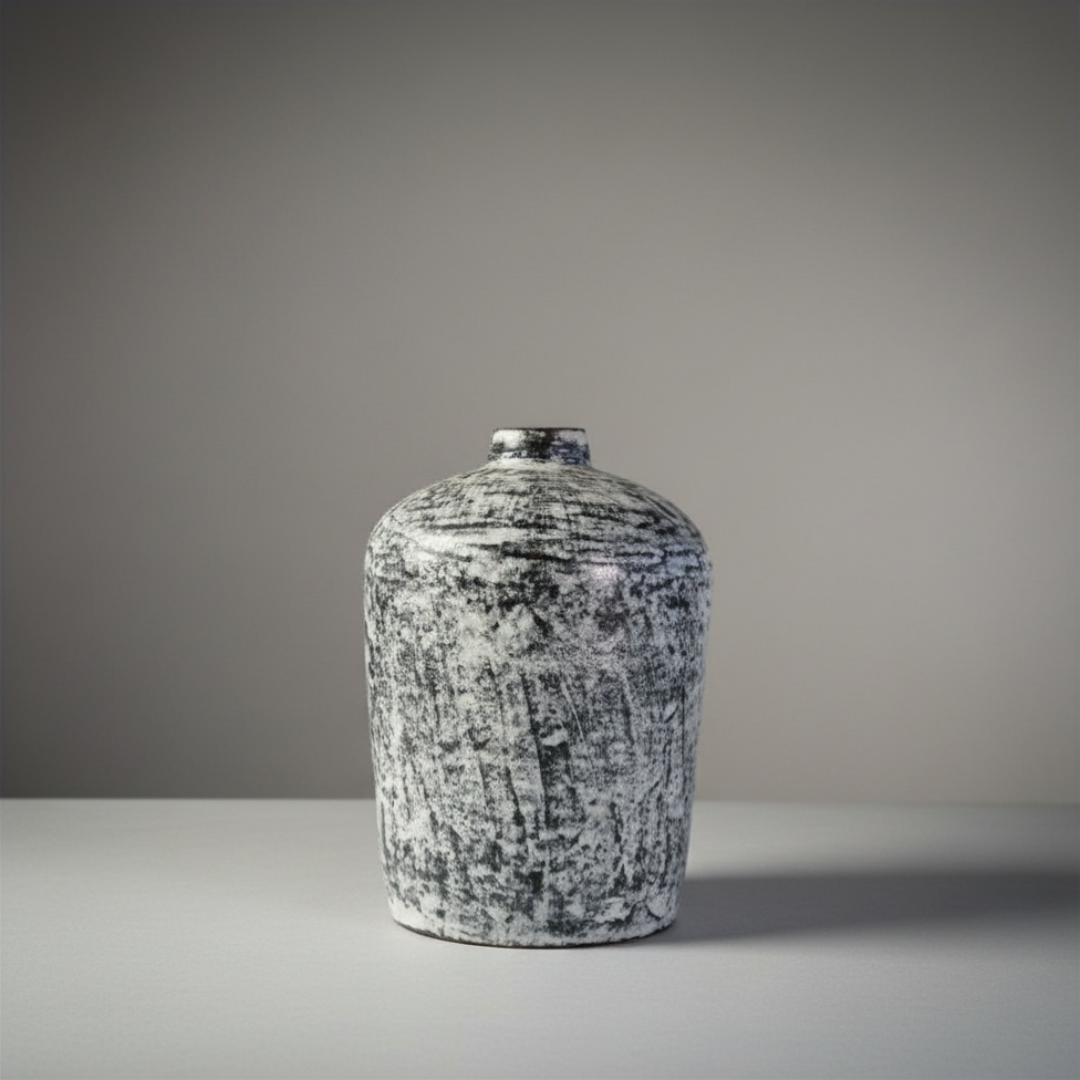 Terracotta bud vase in black wash rustic finish with brushed grey and white distressed texture on a grey background