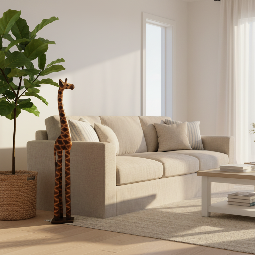  timber figurine standing at sofa-back height beside a linen couch and tall indoor floor plant in a woven basket pot in a bright coastal living room