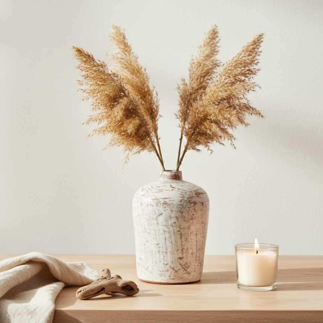 Terracotta bud vase in white wash rustic finish holding dried pampas grass stems, styled on a timber surface with a candle, driftwood, and linen