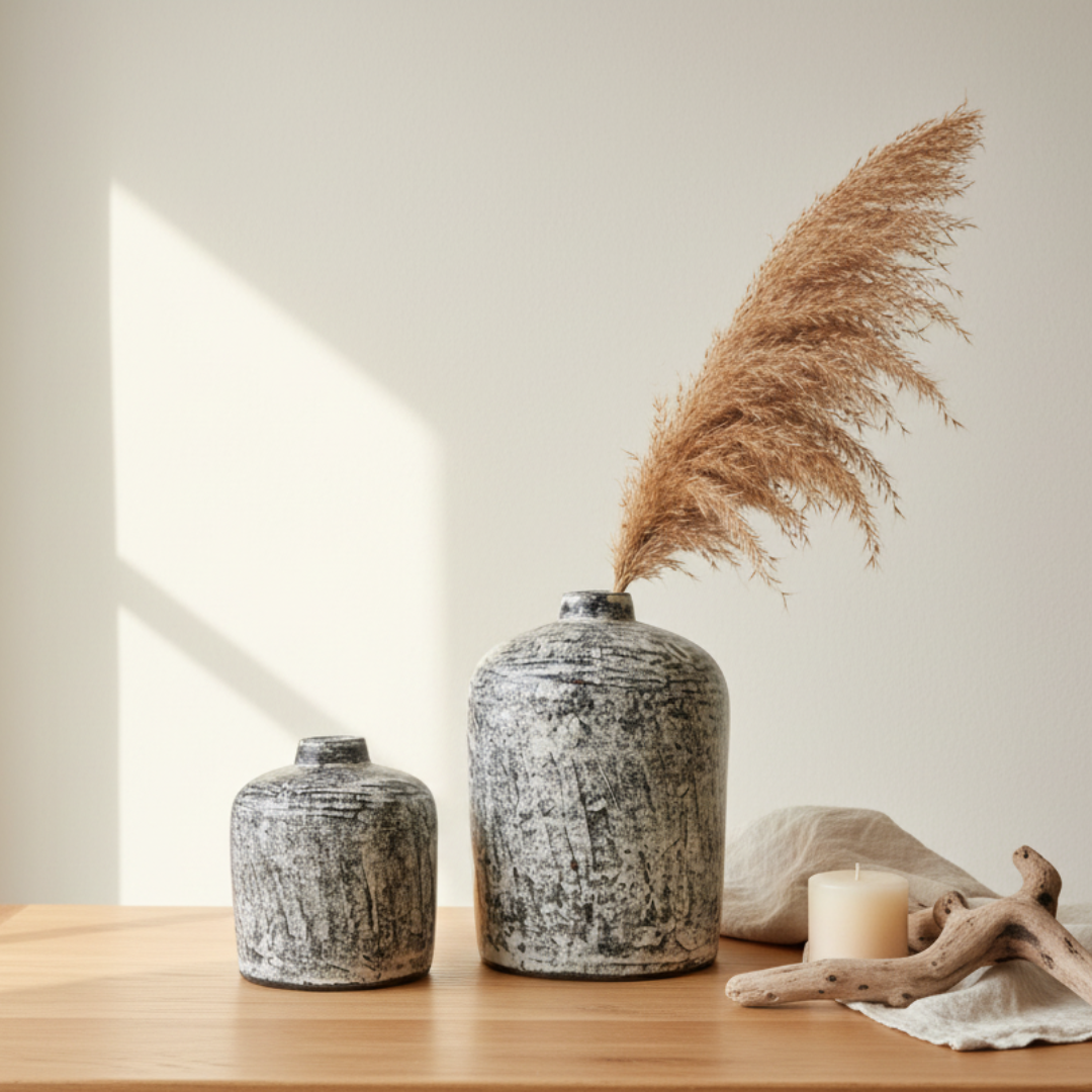 Black wash terracotta bud vase as dining table centrepiece with pampas grass and warm candlelight