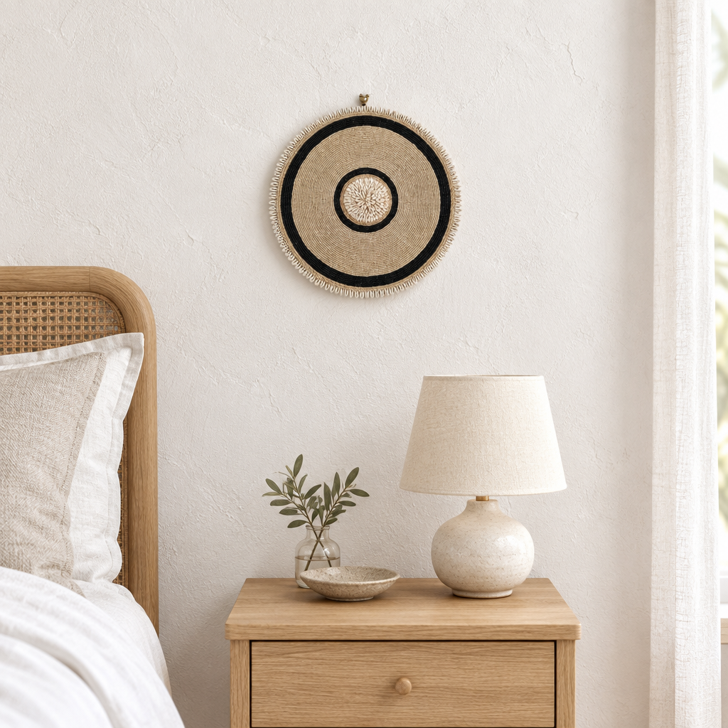 A small round piece with a dark circular band, pale centre and fringed edge, displayed above a light timber bedside table.