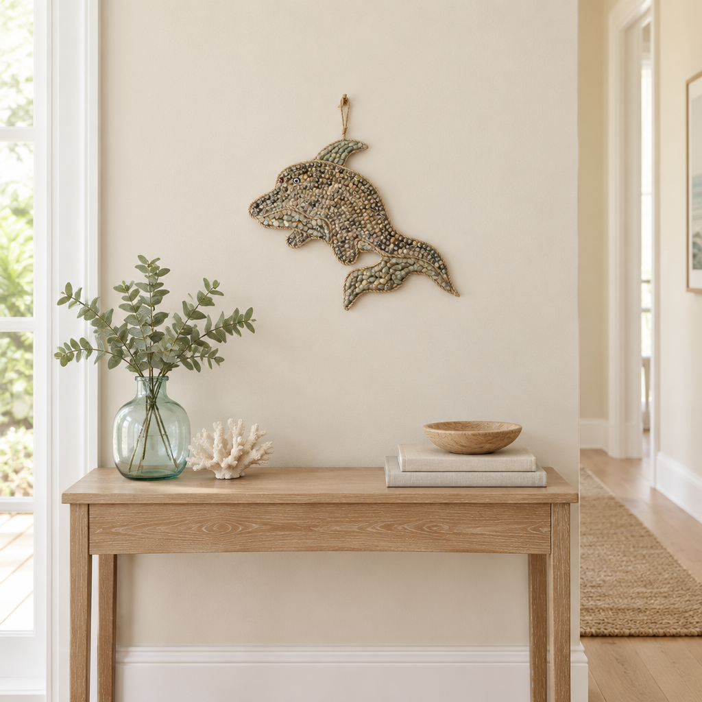 Spiral-shell dolphin wall art hanging above a timber hallway console.