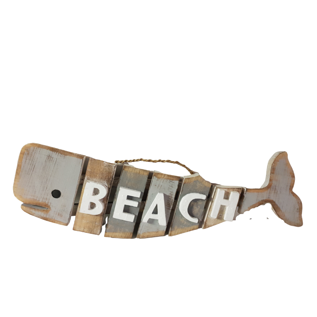 Beach whale wall art sign in coastal blue finish