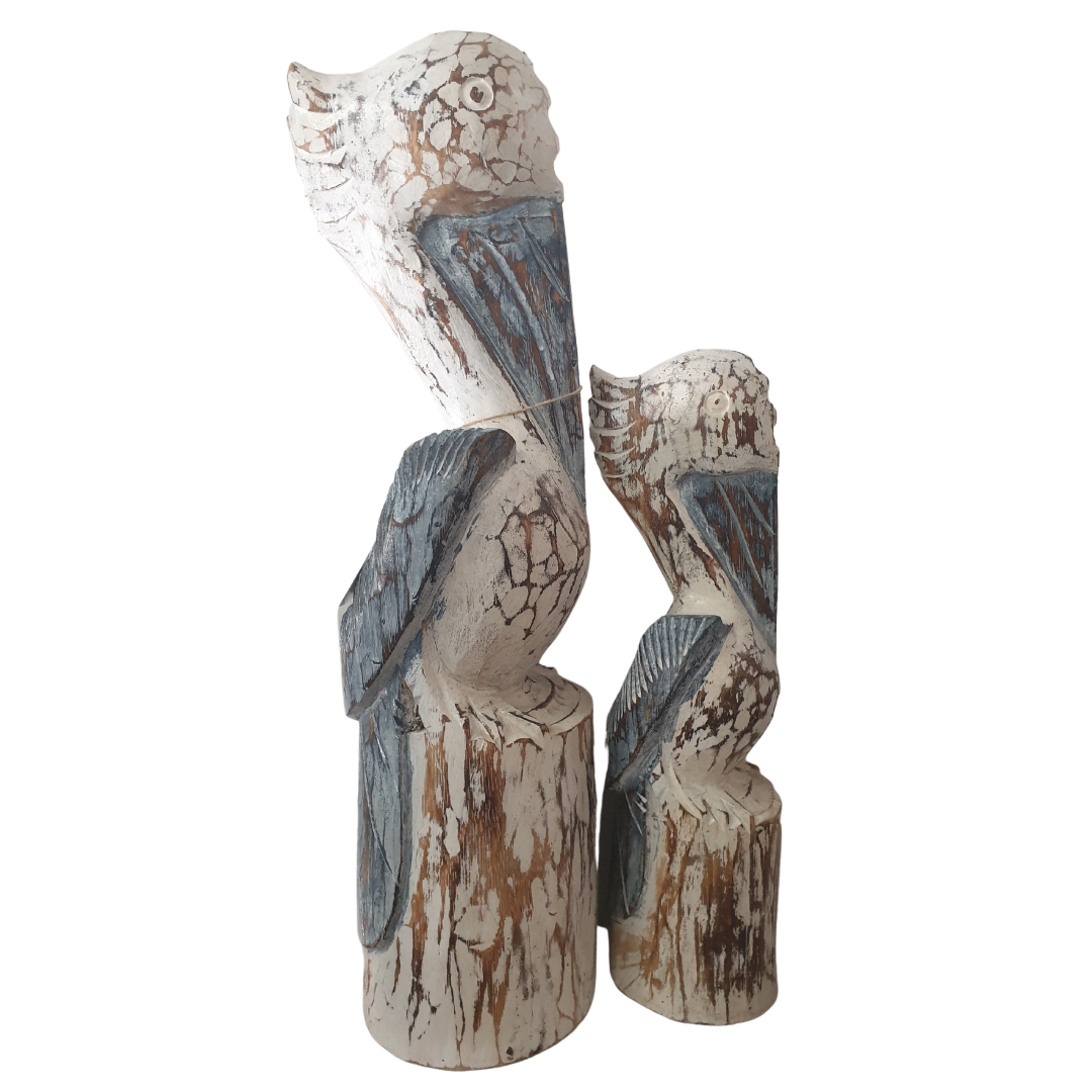 Pelican Statues Wooden Decor Rustic Blue