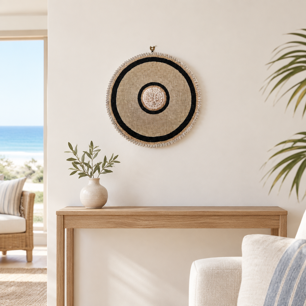  A round piece with a natural-toned woven surface, dark circular bands and pale fringe, displayed above a slim timber console.