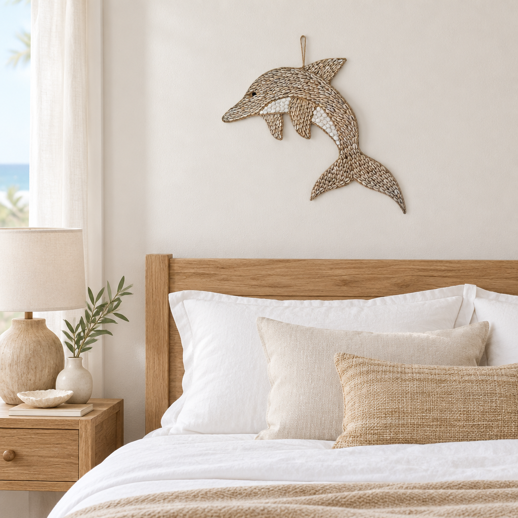 Shell-covered dolphin decoration hanging above a timber bed in a coastal bedroom.