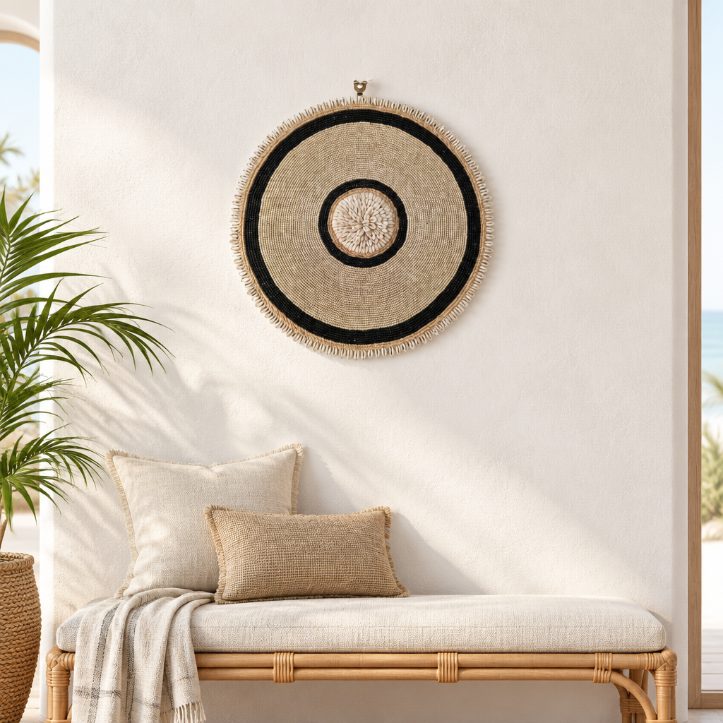 50 cm tropical wall art in boho style hanging above a rattan bench, with natural woven texture, dark circular bands and a pale fringed edge