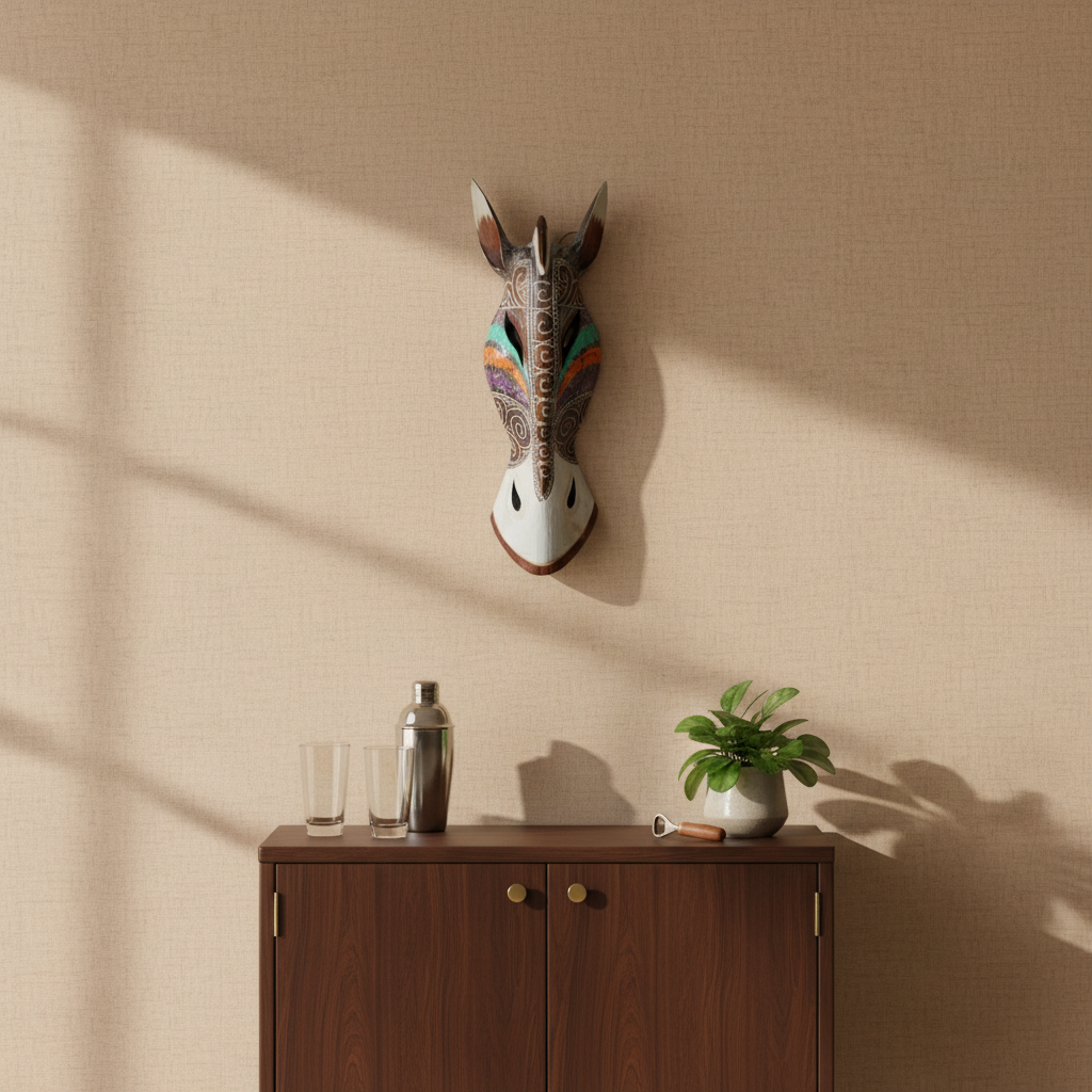 Colourful carved wall mask styled above a compact timber drinks cabinet with glassware.