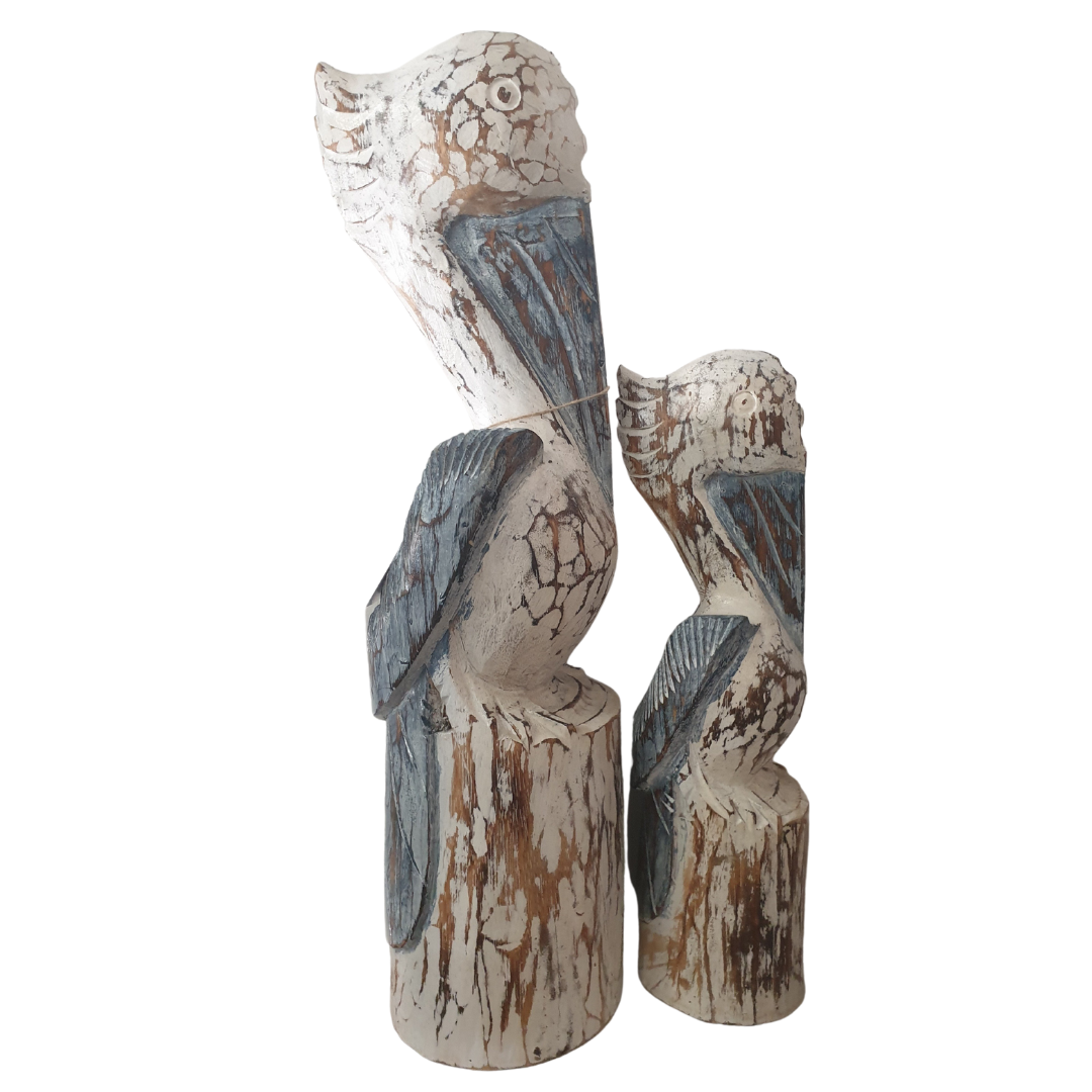Pelican Statues Wooden Decor Rustic Blue