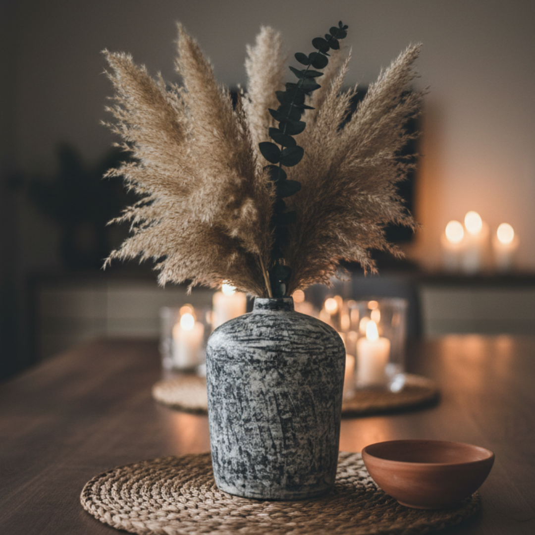 Terracotta bud vase with black and white rustic finish styled with pampas grass and eucalyptus on a rattan placemat with candles