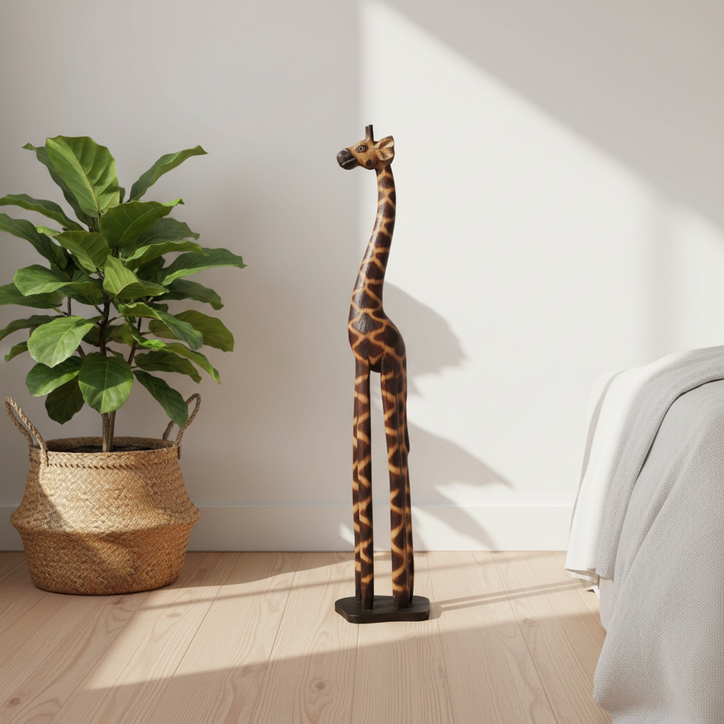  figurine styled as a feature piece in a bright bedroom corner grouped with a large indoor floor plant in a woven basket pot, warm natural light and white walls