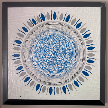 Framed artwork with a blue and gray circular design on a white background