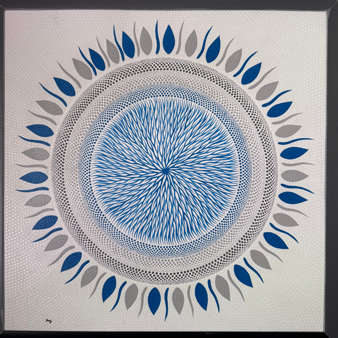 Circular design with blue and gray patterns on a white background