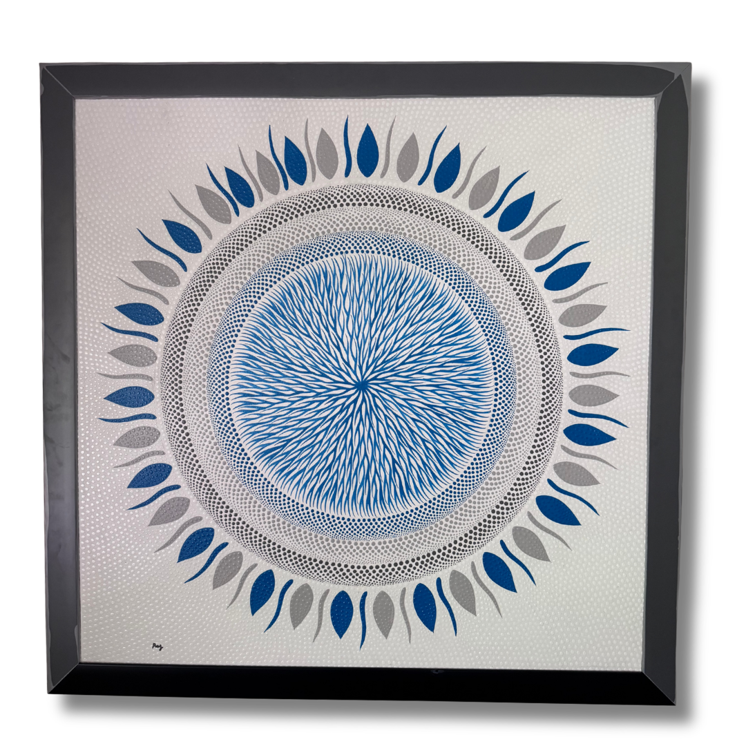 Framed artwork with a blue and gray circular design on a white background