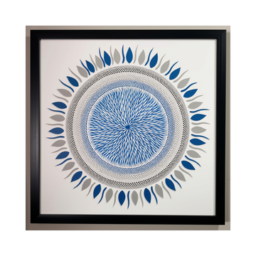 Azure Radiance hand-painted Balinese dot art canvas 120x120cm – blue and grey radial mandala in black frame