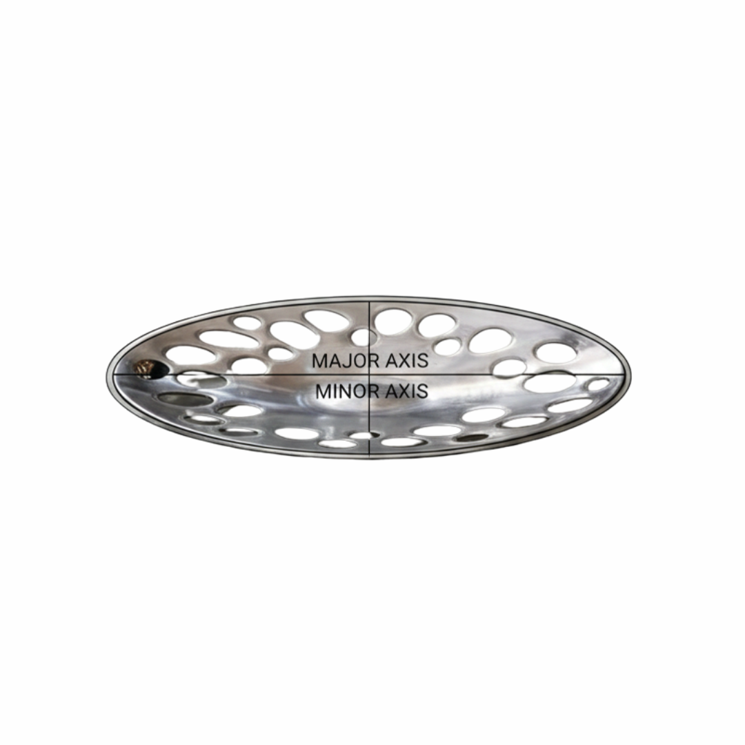 Silver oval decorative bowl top view showing cutout pattern and oval shape – 36cm x 20cm