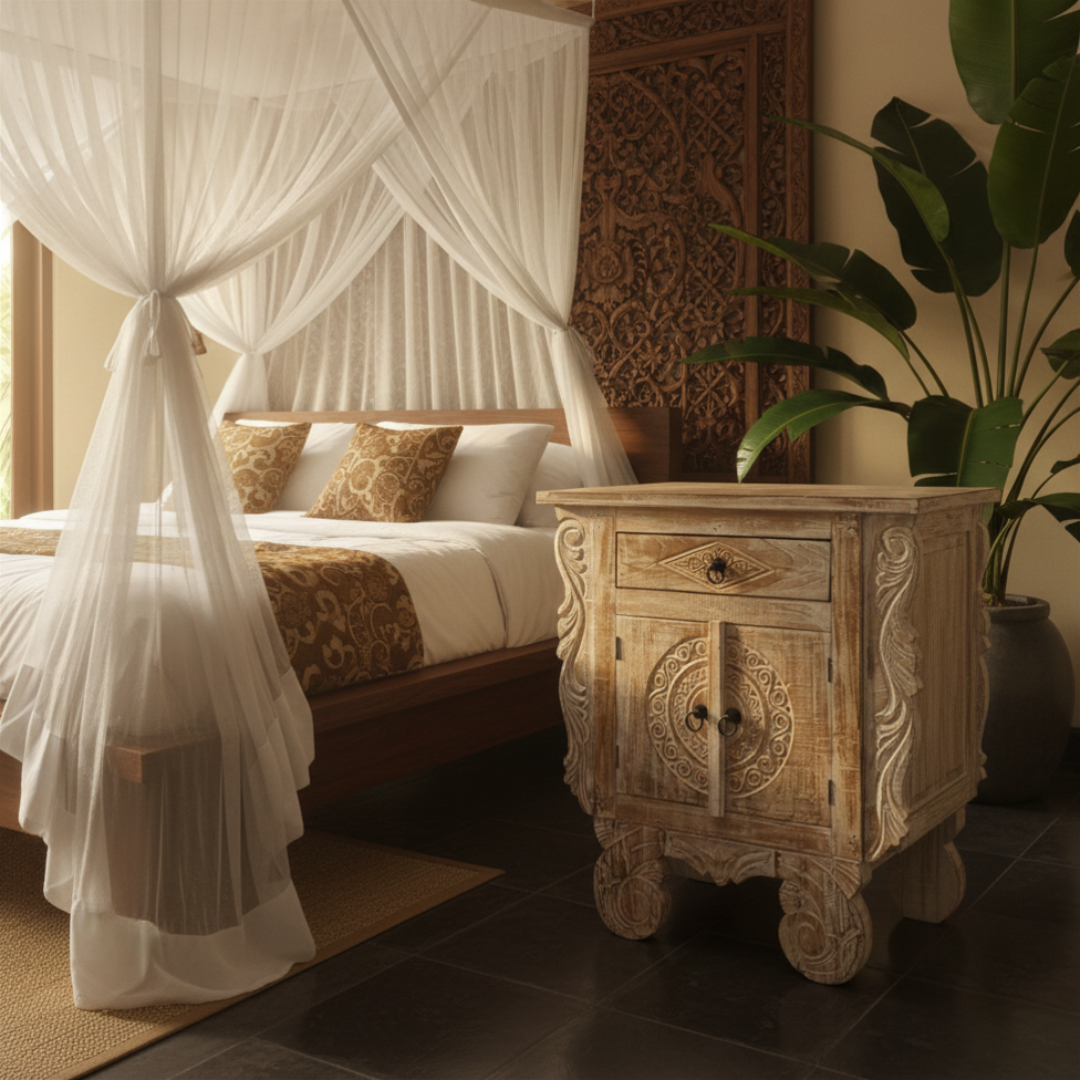 Balinese carved reclaimed teak bedside table with ornate scrollwork and circular medallion doors styled beside a four-poster canopy bed with gold batik cushions and a large tropical plant in a warm Balinese-inspired bedroom