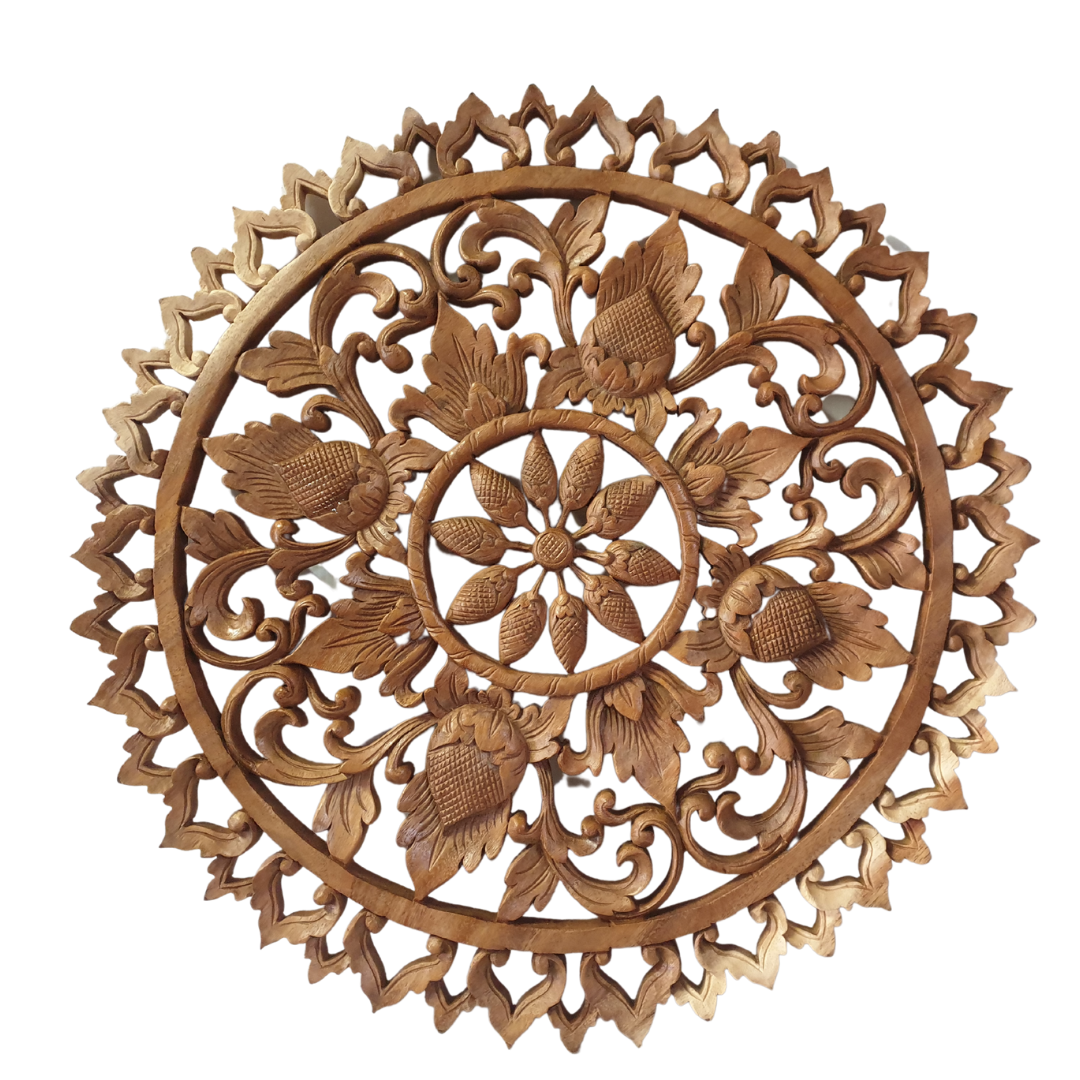 A Balinese carved wall art panel featuring a floral design, made from suar wood.
