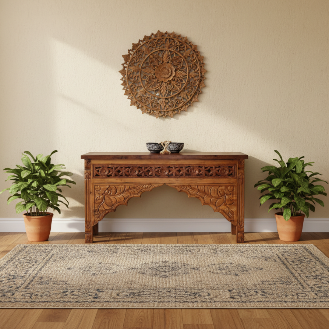 Carved wooden console table with decorative items in a room with plants and a wall hanging.