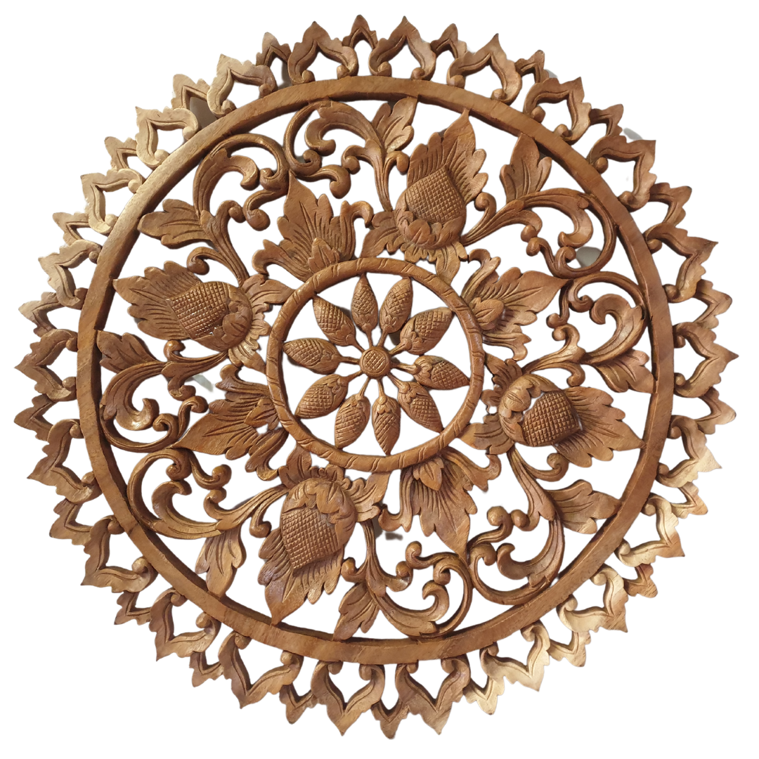 Decorative wooden wall panel with intricate carvings on a white background