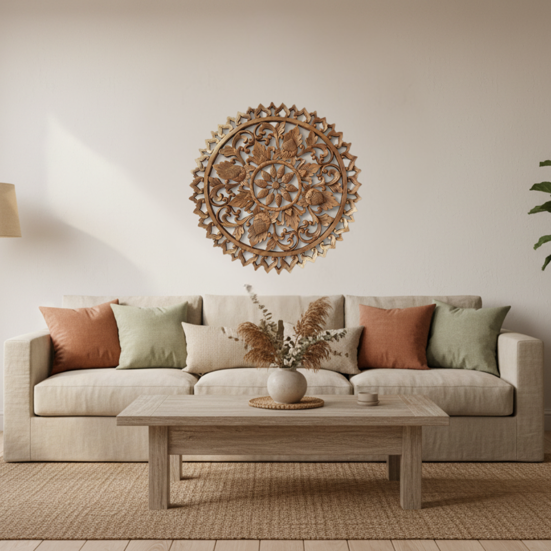 Living room with a beige sofa, decorative wall piece, and wooden coffee table.