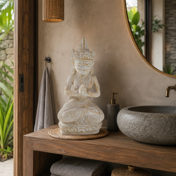 Balinese deity statue with ornate crown and prayer hands styled on a timber bathroom vanity beside a stone basin and soap dispenser, with tropical greenery in the background