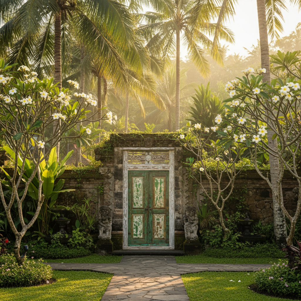 Decorative door in a tropical garden with palm trees and flowers