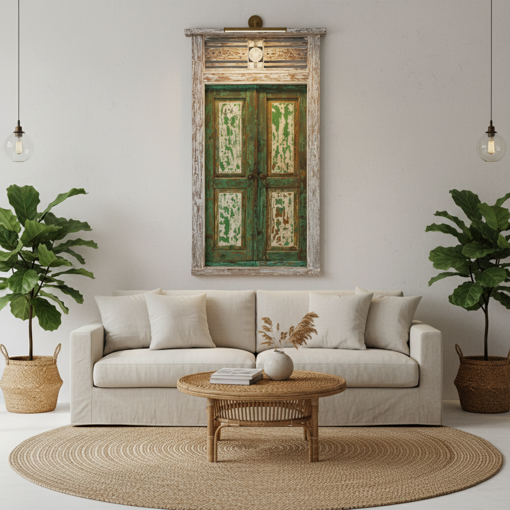 Aged green and whitewash reclaimed timber door mounted as a wall art installation in a coastal living room with picture light, tropical plants and linen sofa