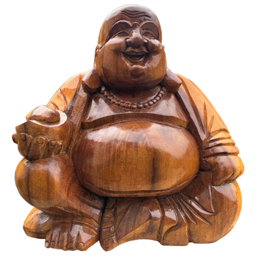 Seated smiling  figurine carved from warm brown suar wood, holding a gold ingot, detailed robe and bead necklace, Small size 30x38cm