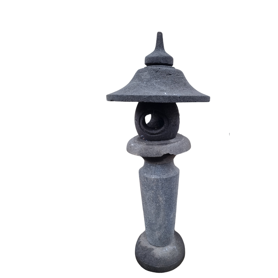 Lava stone garden lantern Style 3 — dark grey solid stone with wide flared bell roof, round carved light chamber with spiral opening, scalloped collar and tapered column on white background — 110cm, 57kg