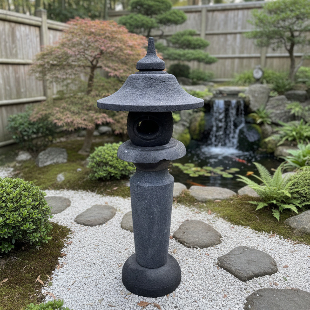 Lava stone garden lantern Style 3 styled in a Japanese garden with white gravel, stepping stones, koi pond, cascading waterfall and Japanese maple in the background