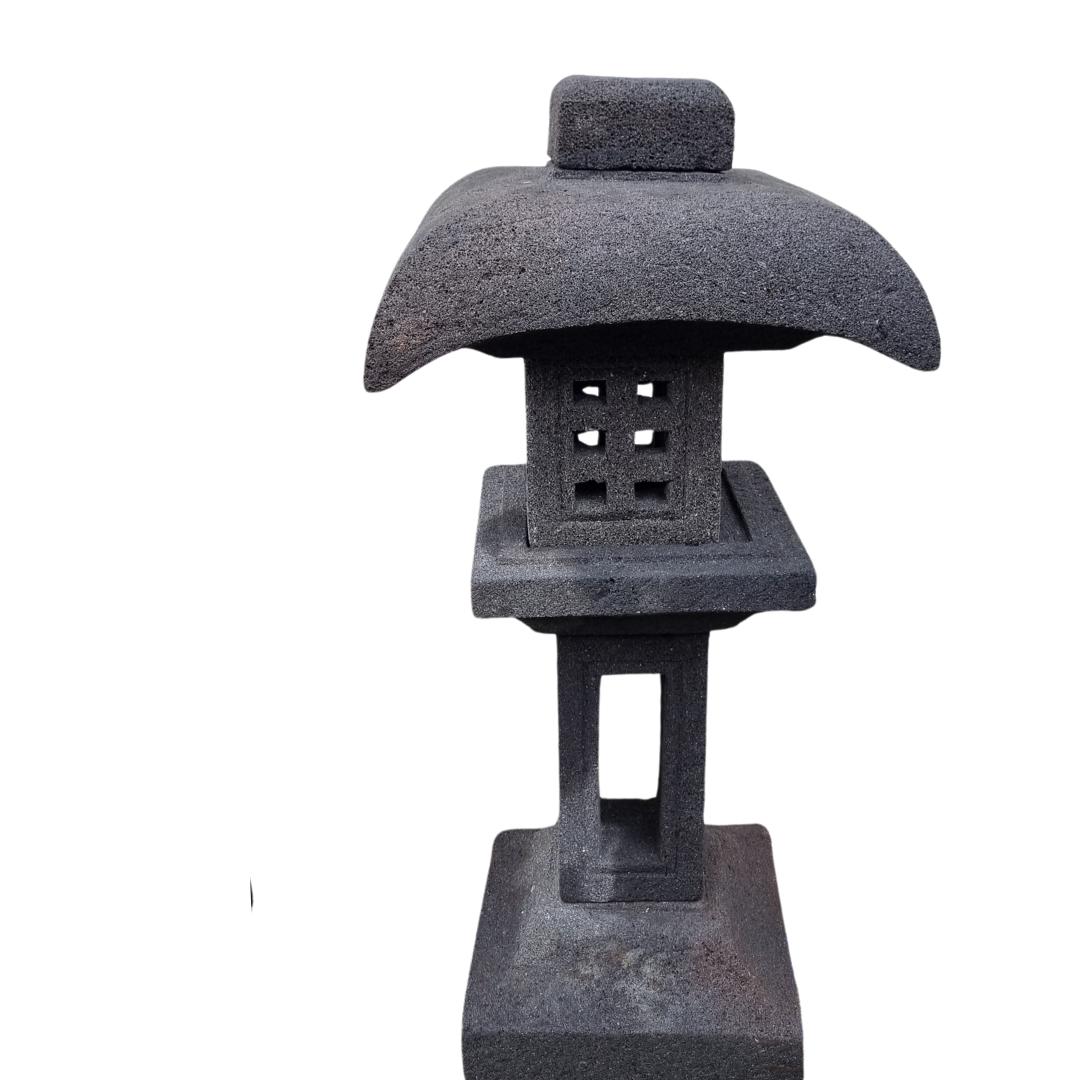 Lava stone garden lantern Style 4 — dark grey solid stone with wide curved sweeping roof, square perforated light chamber, open arch leg base and flat square plinth on white background — 80cm, 36.5kg