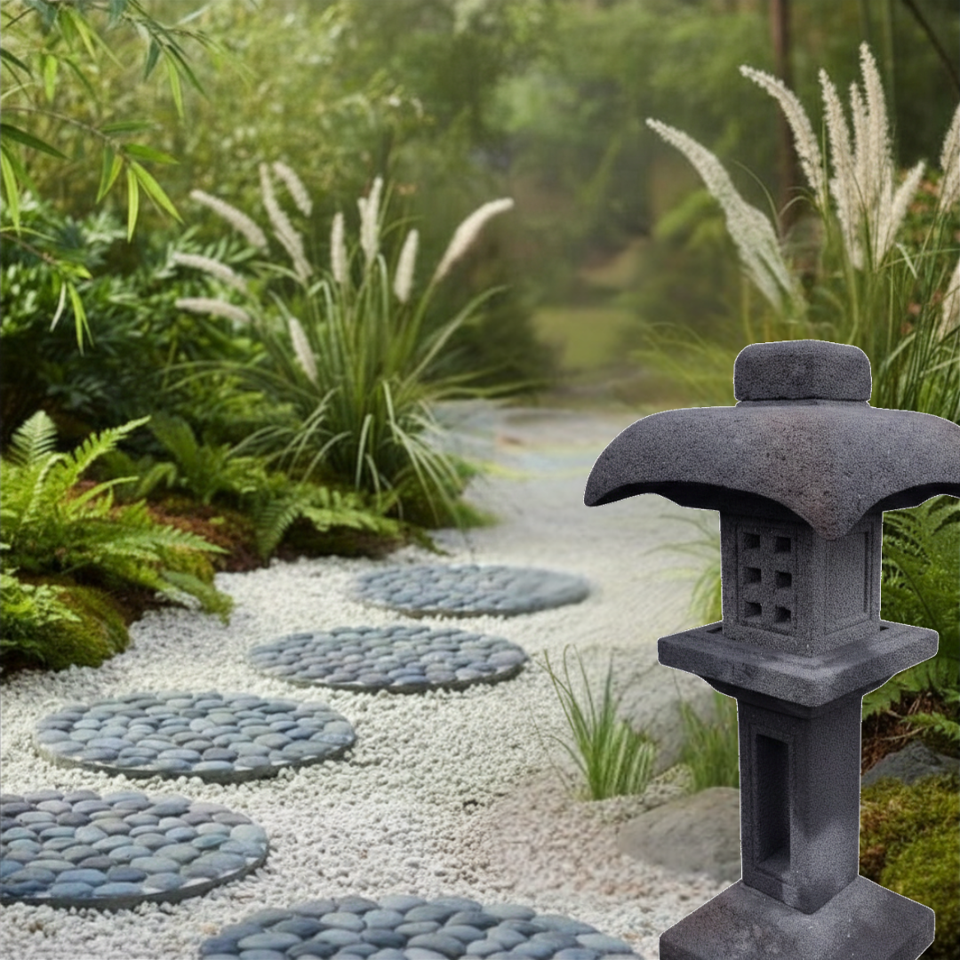 Lava stone garden lantern with curved sweeping roof and square perforated light chamber styled beside a Japanese garden path with round river pebble stepping stones set into white gravel, bamboo, ferns and ornamental grasses