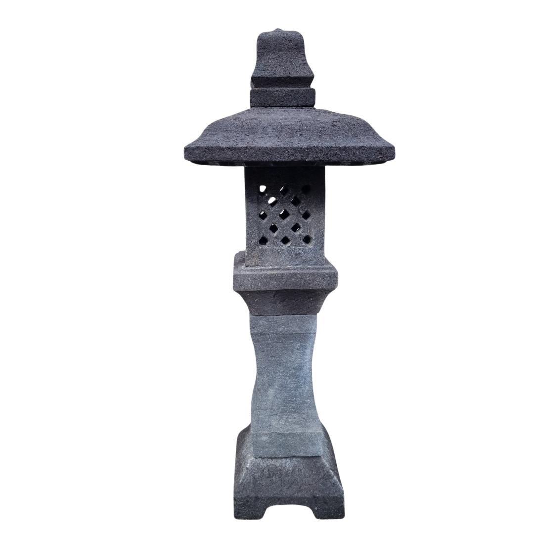 Lava stone garden lantern Style 1 — tall dark grey solid stone with wide pagoda roof, diamond-cut light chamber and tapered column on white background —105x30x30cm 106kg