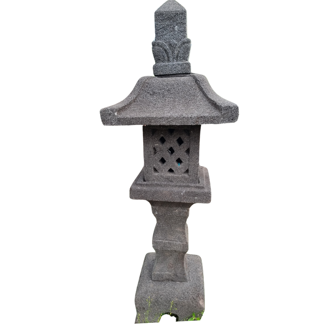 Lava stone garden lantern Style 2 — dark grey solid stone with wide pagoda eaves, carved floral finial, diamond-cut light chamber and tiered pedestal base on white background — 110cm, 47.5kg