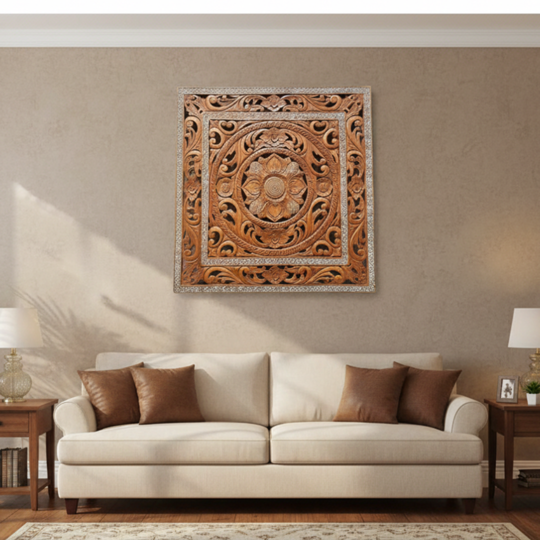 Decorative wall art above a beige sofa in a living room setting
