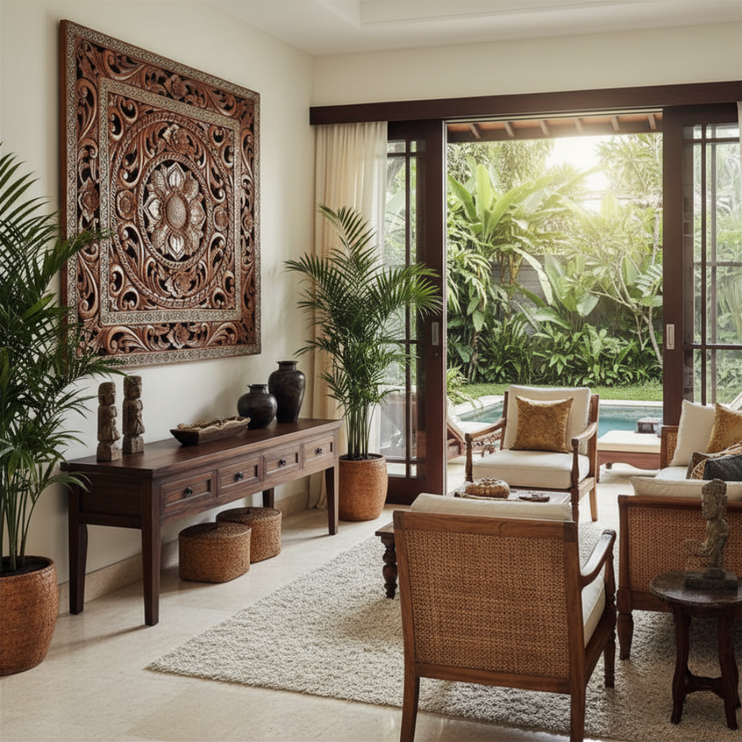Living room with decorative wall art, wooden furniture, and plants.