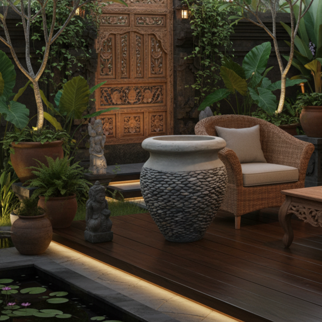 Outdoor patio with wicker chair, decorative concrete pebble pot, and pond at night.