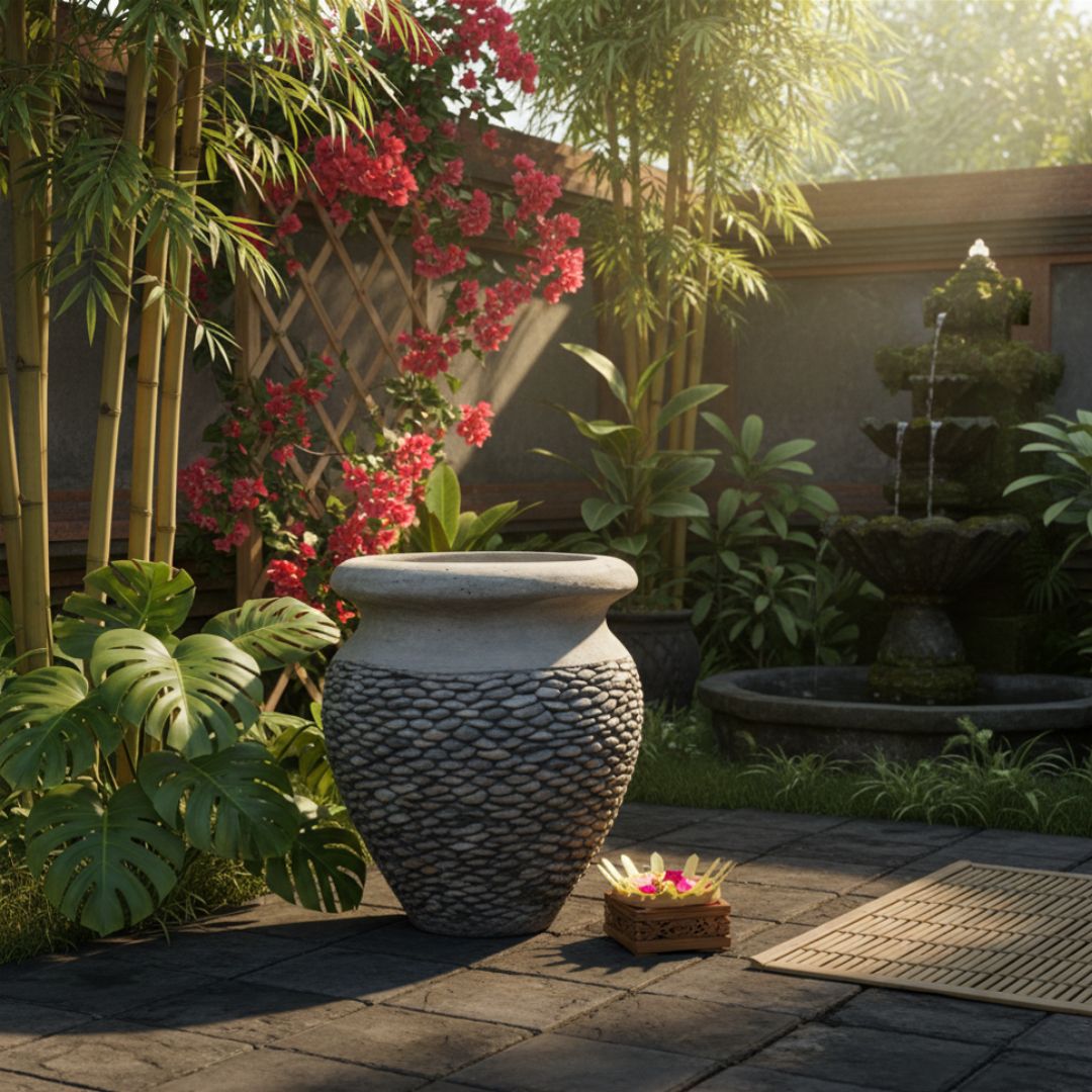 Decorative garden with a 45cm pot, fountain, and flowering plants.