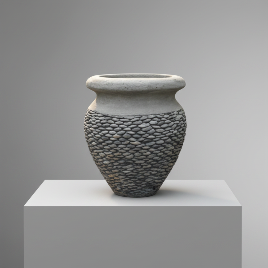 Close up of natural river pebbles embedded in concrete pot surface