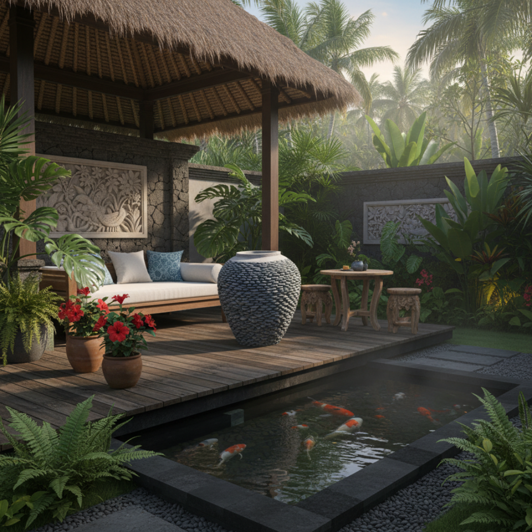 Handcrafted urn planter styled on stone path with greenery  set in a tropical outdoor setting with a thatched-roof structure, pond, and lush greenery.