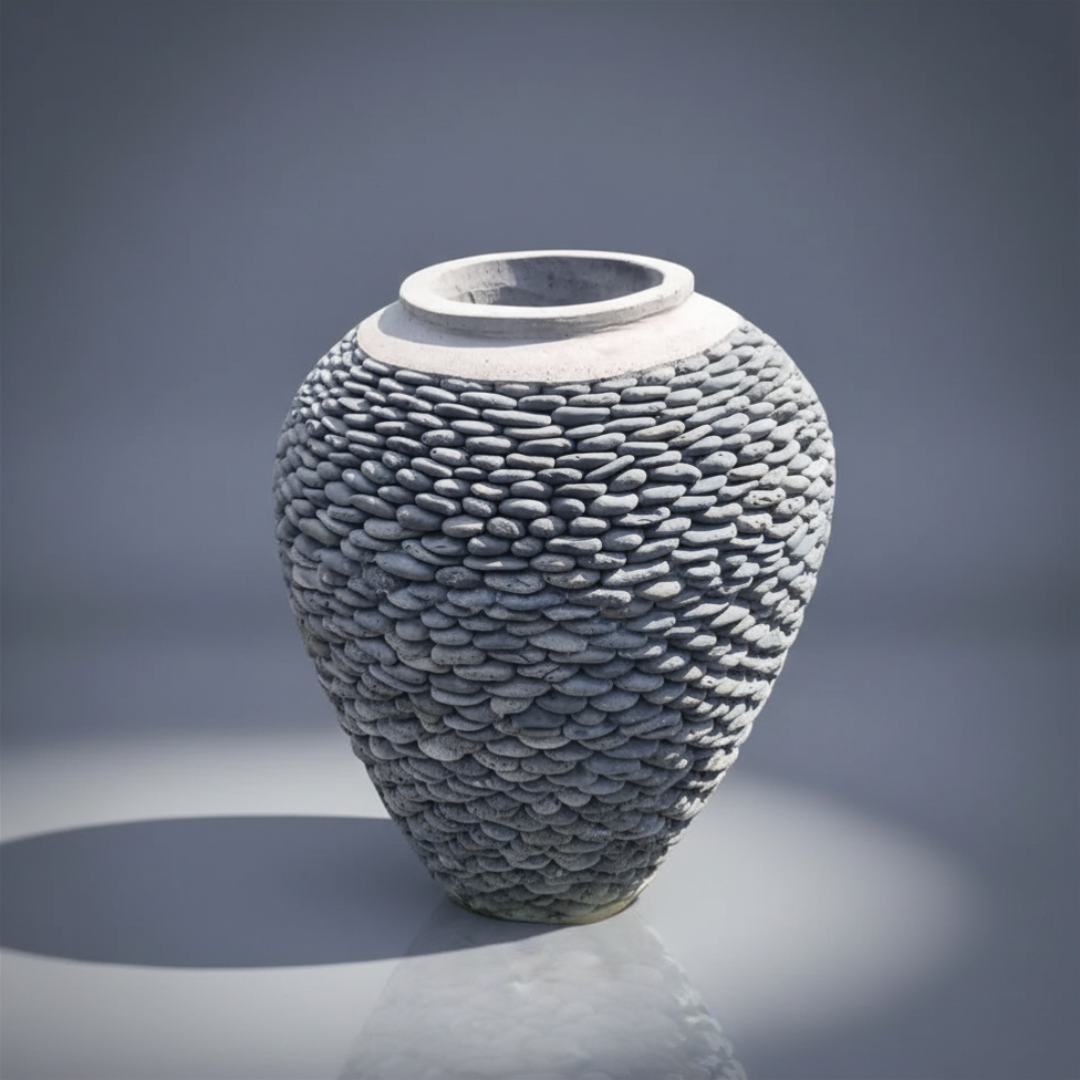 Photo shot of the stacked stone and concrete garden pot set in a gray background