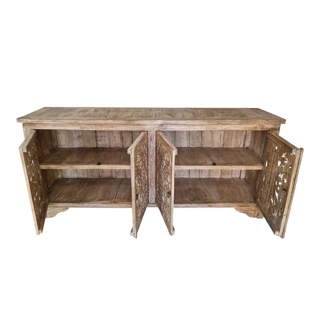 Four-door reclaimed teak cabinet with doors open showing two internal timber storage shelves