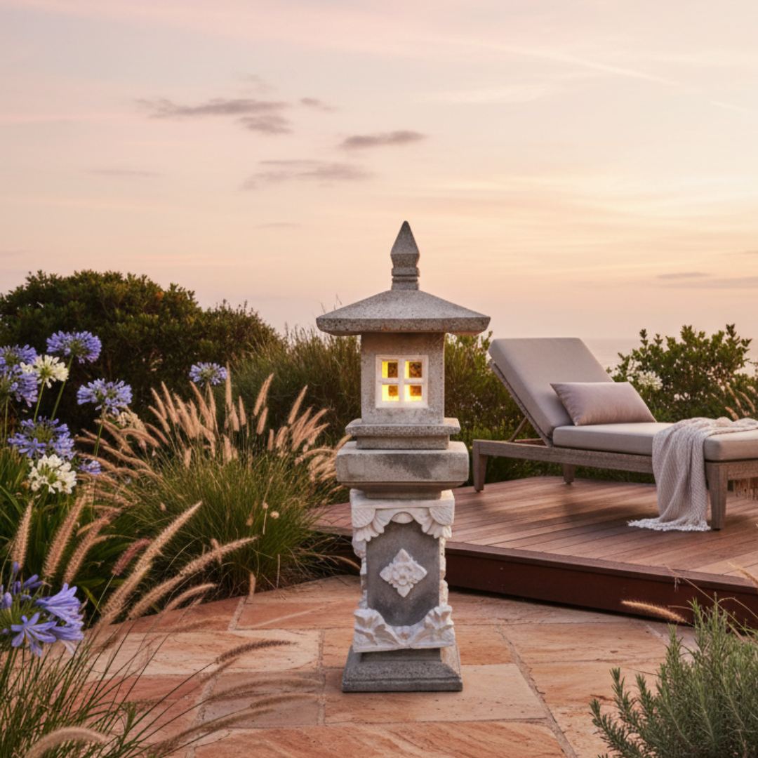 Balinese garden lantern glowing warmly at dusk on a sandstone terrace surrounded by ornamental grasses and coastal plants
