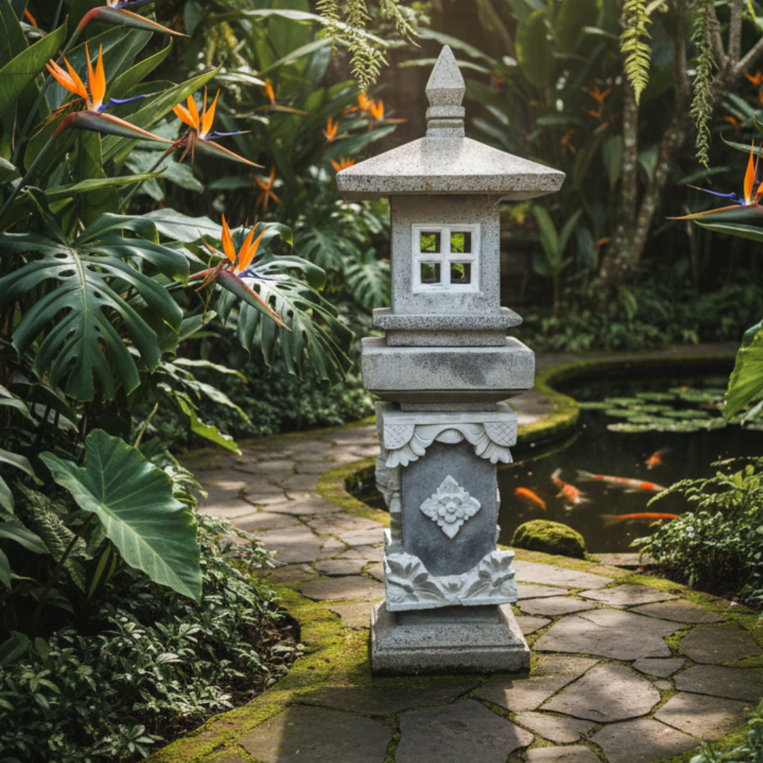 Conctrete sculpture standing on a natural stone path surrounded by tropical ferns, monstera, and bird of paradise in a lush garden setting