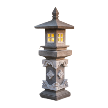 Garden Lantern Balinese Style — tall concrete and limestone pagoda with four-pane window and carved floral diamond motif, 115cm