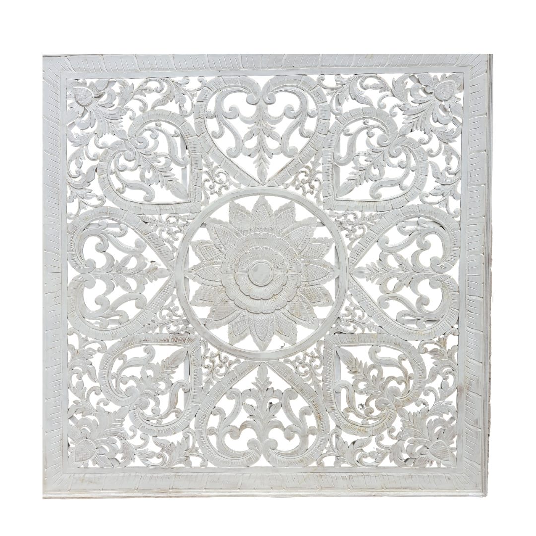  panel 200cm x 200cm showing full symmetrical design with central floral mandala, heart corners and intricate scroll detailing on white background
