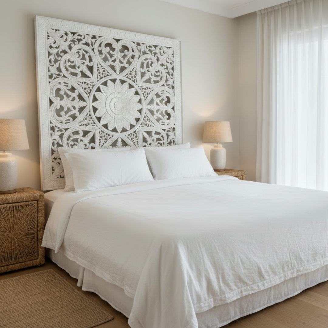white mounted behind a king bed with all-white linen bedding, rattan bedside tables and sheer curtains in a bright coastal bedroom