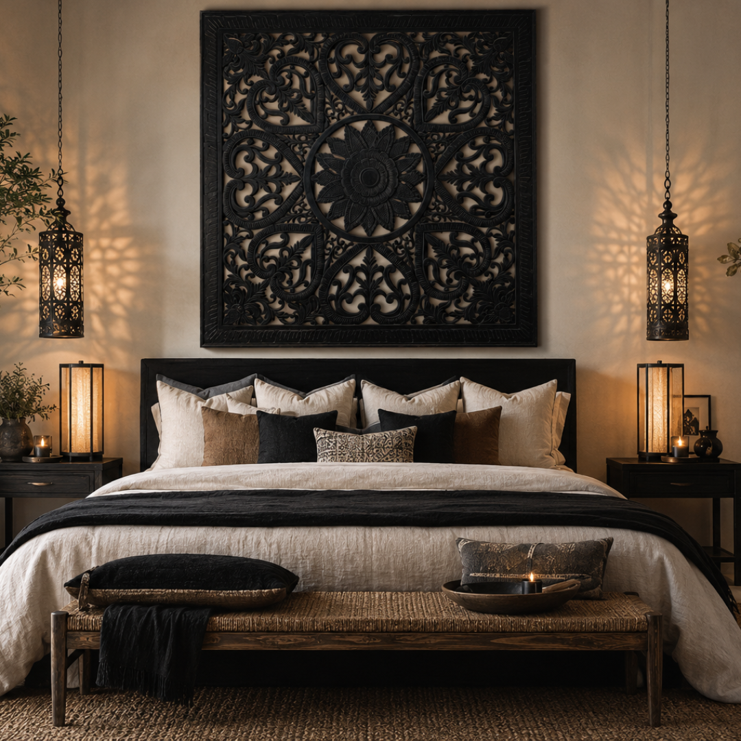 Black cut MDF behind a king bed in a moody bedroom with hanging Moroccan lanterns, cream and black layered cushions and warm candlelight